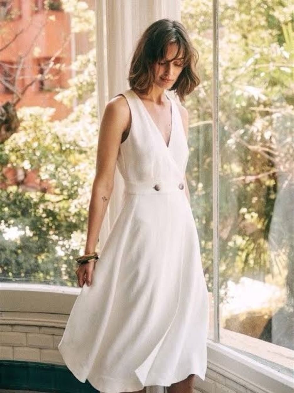 Sezane Mathilde V-Neck Midi Dress Cream with Gold Buttoned Waist FR34/US2